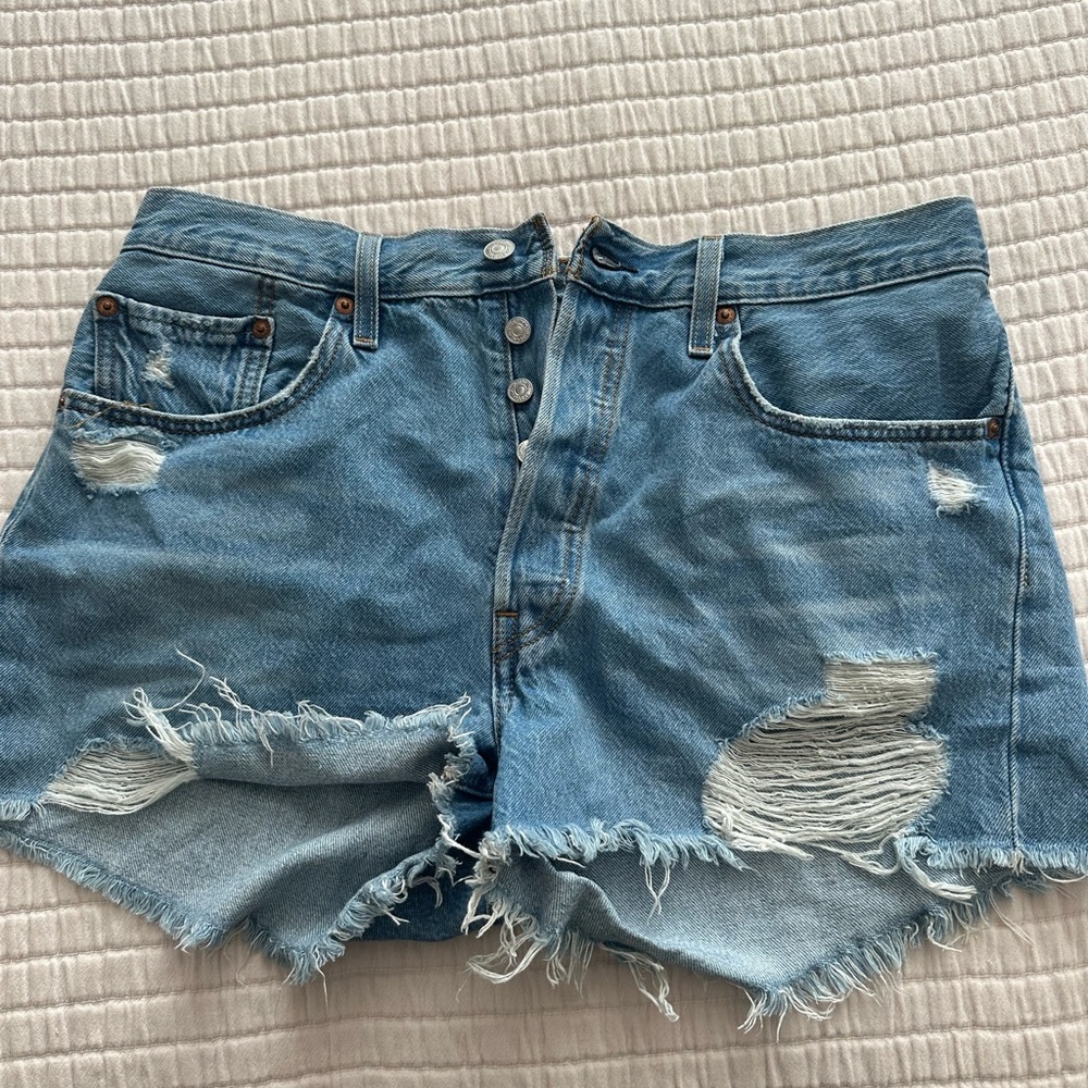 Levi's Blue Distressed Jean Shorts with Frayed Hem